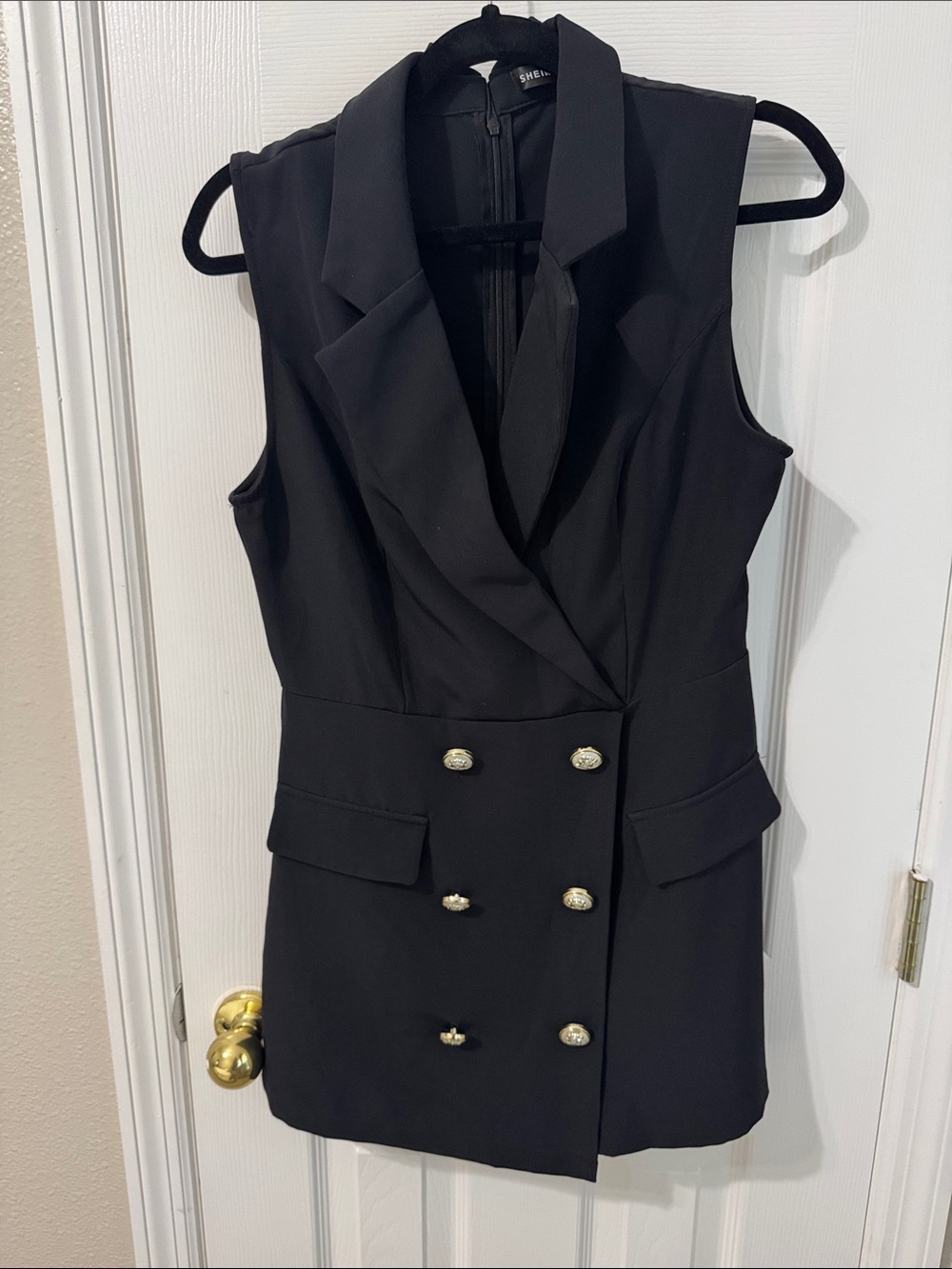 SHEIN Black Sleeveless Double-Breasted Blazer Romper with Gold Buttons